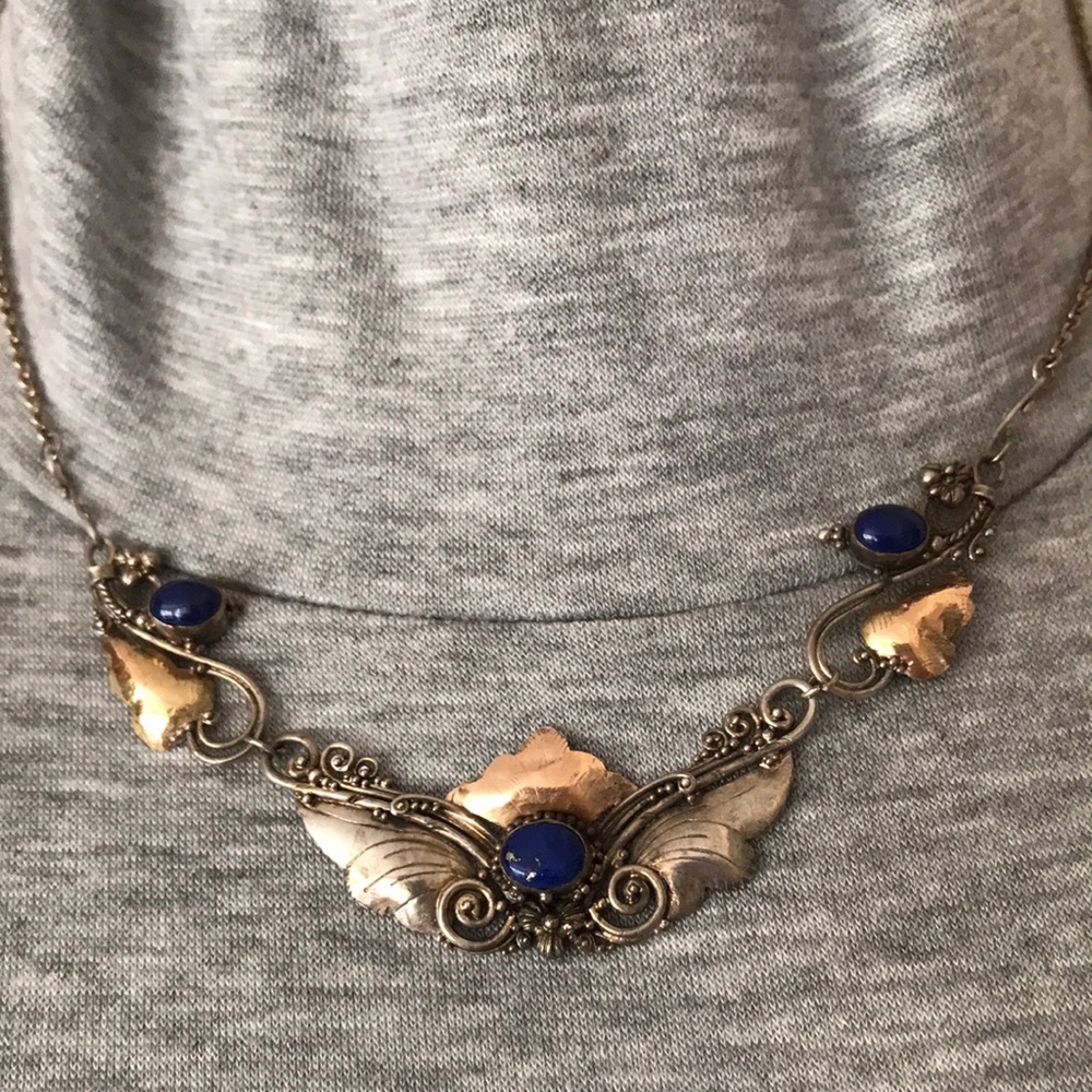 Antique Art Nouveau Sterling Silver and Gold-tone Lapis Necklace - Picture 4 of 10